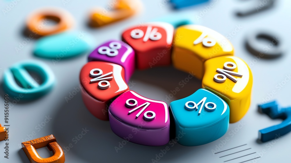 Poster colorful pie chart with different percentages for data visualization and infographic design.