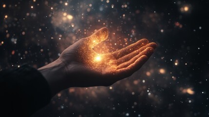 Into the picture, an open hand stands out and golden sparks fly out, on a blue background