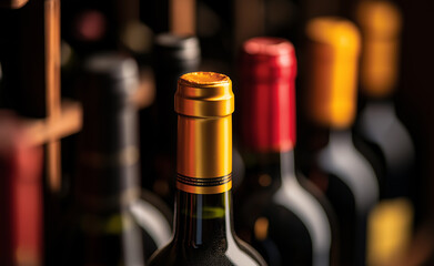 Bottles of wine stored on a wooden rack in a dimly lit wine cellar.