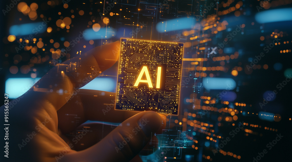 Poster in a man's hand is a chip with the holographic text 