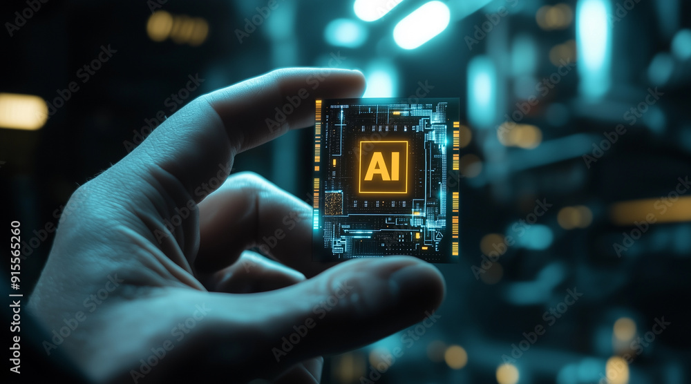 Poster in a man's hand is a chip with the holographic text 