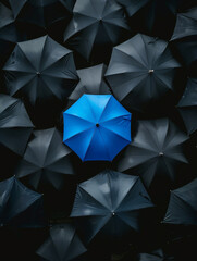 A blue umbrella in the middle of black umbrellas. Blue umbrella surrounded by many black umbrellas