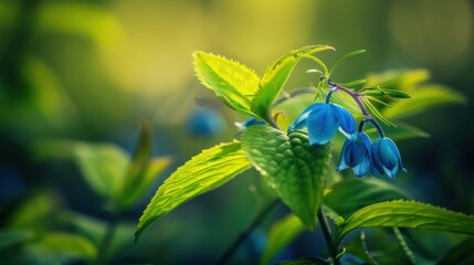 Obraz premium Vibrant Close-up of a Bluebell Flower Surrounded by Lush Green Leaves in Nature