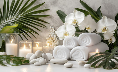 Spa scene with rolled white towels, orchids, candles, and smooth stones arranged on a reflective surface.