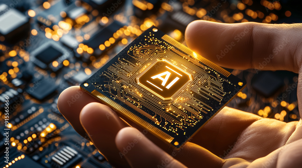 Poster in a man's hand is a chip with the holographic text 