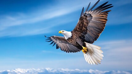 Obraz premium Bald eagle soaring in a blue sky with mountains in the background
