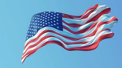 Naklejka premium A vibrant depiction of the American flag waving against a clear blue sky, symbolizing freedom and patriotism.
