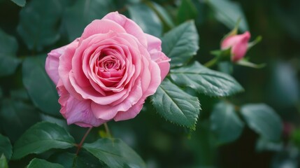 Close-up of a pink rose with green leaves 