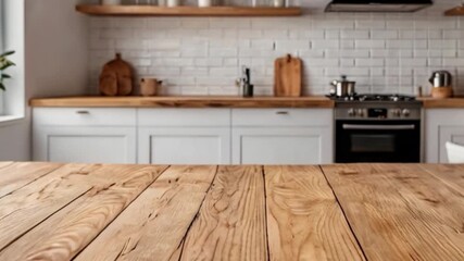 Wooden tabletop on a blurred kitchen background, mockup, template