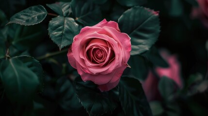 Serene Beauty of a Pink Rose with Lush Green Leaves - Close-up Floral Photography