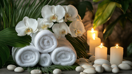 Obraz premium Spa setting with rolled towels, candles, and orchids creating a peaceful, relaxing atmosphere.