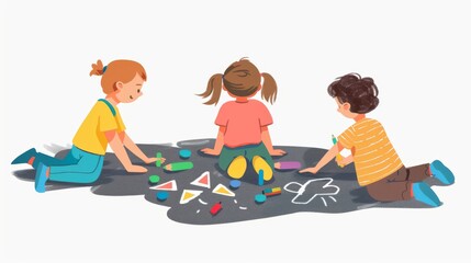 Children Drawing on Sidewalk with Chalk - Playful Fun and Creativity