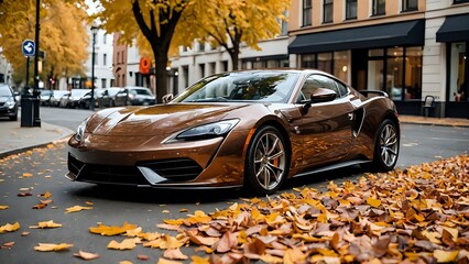 A luxurious brown sports car parked in an urban setting, surrounded by fallen autumn leaves.