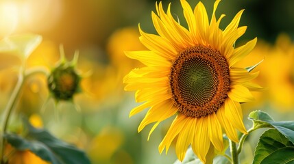 Vibrant Close-up of Yellow Sunflower with Lush Green Stem in Natural Sunlight