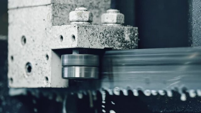 Close-up of a metal cutting bandsaw blade in action in an industrial workshop, showcasing precise machinery operation and detailed movement
