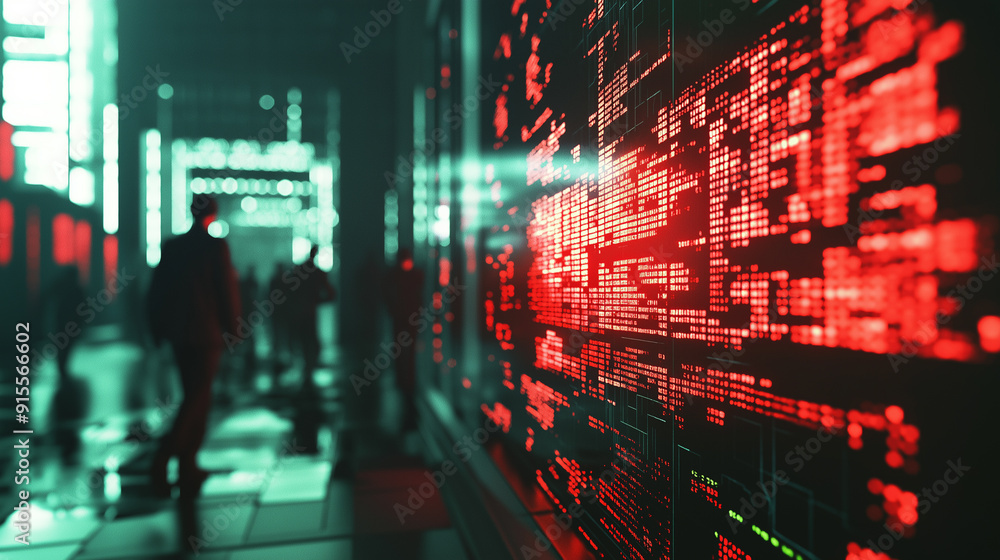 Poster abstract red and green digital code on a screen with blurred figures in the background.