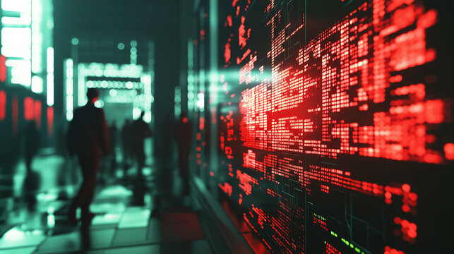 Abstract red and green digital code on a screen with blurred figures in the background.