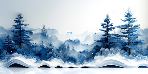 Serene winter landscape with snow-covered hills and majestic evergreen trees in shades of blue.