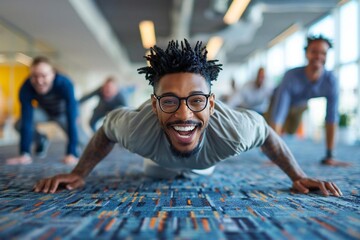 Young businessman laughing while doing triceps dips in office, some wearing eyeglasses.