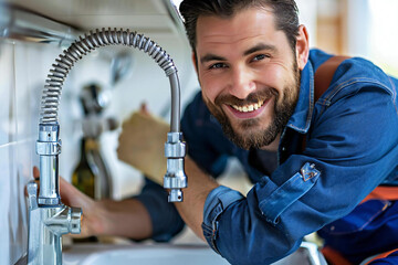 Laughing male plumber with a well-groomed beard repairing faucet in kitchen sink.
