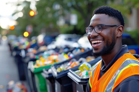 Laughing garbage removal man in eyeglasses doing trash and rubbish collection.