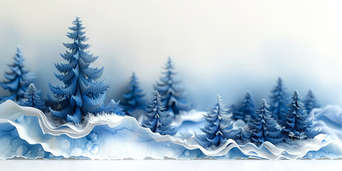 Serene winter landscape with snow-covered hills and majestic evergreen trees in shades of blue.