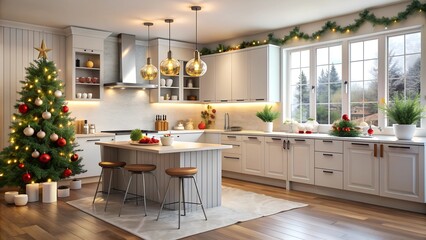 A modern kitchen adorned for the holiday season with a Christmas tree and garlands.