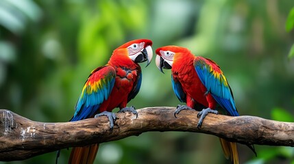 Two scarlet macaws perched on a branch, looking at each other in a tropical rainforest setting.