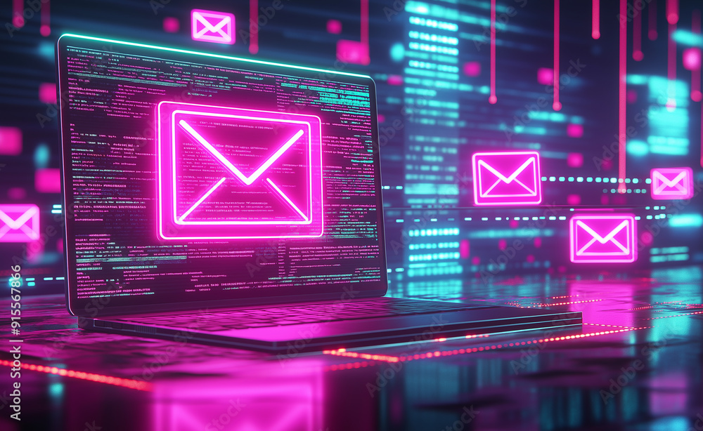 Aufkleber neon envelope icon floating above a laptop in a digital matrix environment.
