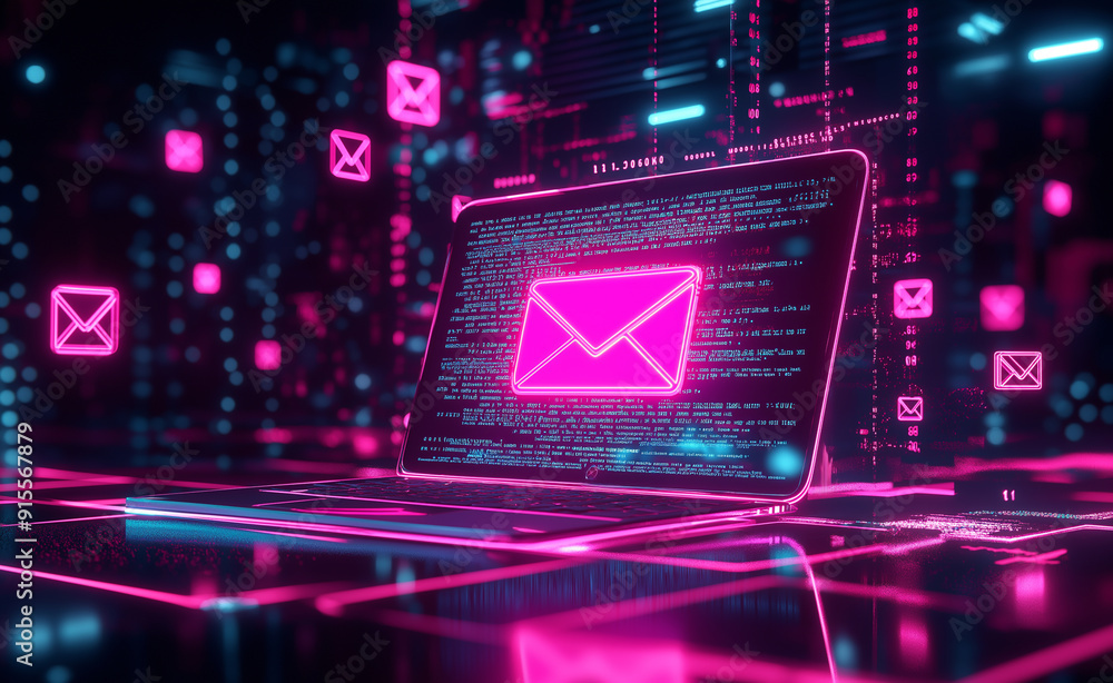 Poster neon envelope icon floating above a laptop in a digital matrix environment.