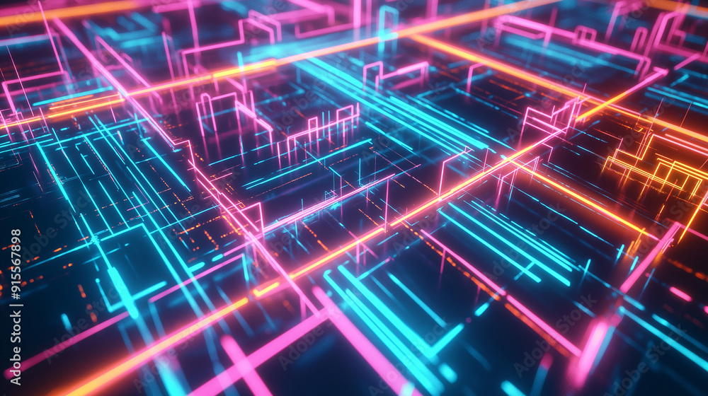 Poster abstract digital network with interconnected glowing lines and nodes in neon blue and pink.