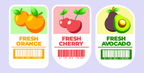 Fruit label design suitable for box, jar, bottle, stickers and packaging products label. Orange, cherry and avocado