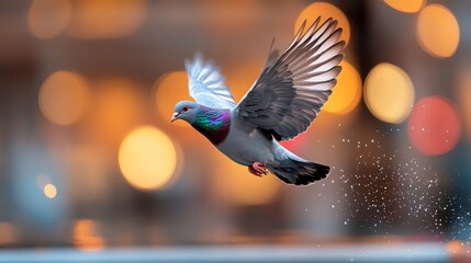 A pigeon in flight with blurred bokeh lights in the background. © Vangly
