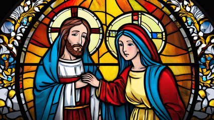 Fototapeta premium Stained glass, jesus and maria