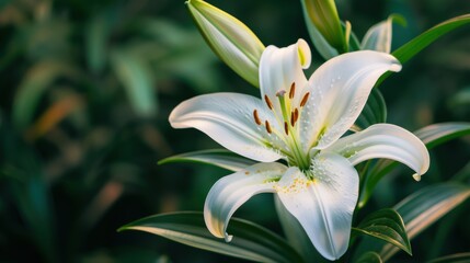 Fototapeta premium Serene Beauty of Blooming White Lily with Lush Green Leaves in Close-up View