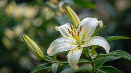 Fototapeta premium Serene Beauty of a Blooming White Lily with Lush Green Leaves Close-Up