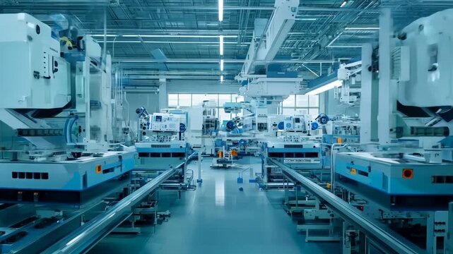 Interior of a modern automated production plant with high-tech equipment.