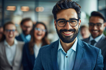 Obraz premium Happy businessman with a well-groomed beard standing in front of his colleagues in office, some wearing eyeglasses and laughing.