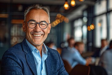 Fototapeta premium Portrait of a laughing mature businessman with his colleagues, some of whom are wearing eyeglasses.