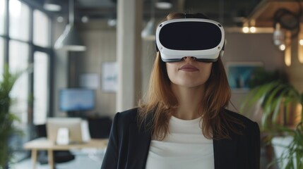 Businesswoman exploring virtual reality office tools.