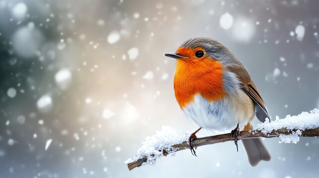 A cute robin perched on a snow-covered branch in winter.