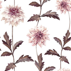 DahliaDahlia seamless pattern with flowers and leaves. Watercolor floral ornament hand drawn.