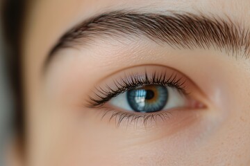 Obraz premium Close-Up View of a Person's Eye Highlighting Beautiful Blue Iris and Long Lashes in Soft Natural Light