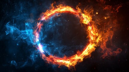 Obraz premium In this abstract neon energy sphere, particles and waves of glowing magical energy are visible against a dark background. There is a ring and loop frame containing magic and purple and pink flames.