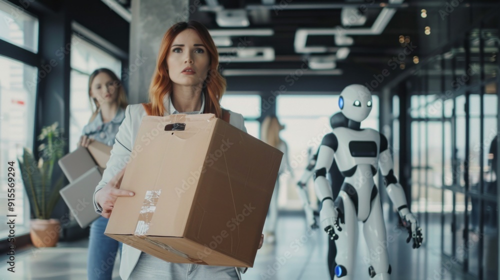 Poster a woman is holding a cardboard box while two robots look on