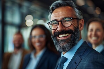 Fototapeta premium Laughing business professionals wearing eyeglasses and one individual with a well-groomed beard.