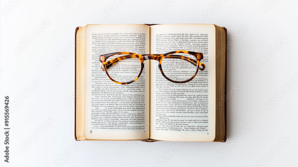 Poster glasses perched on an open book, representing reading and knowledge.