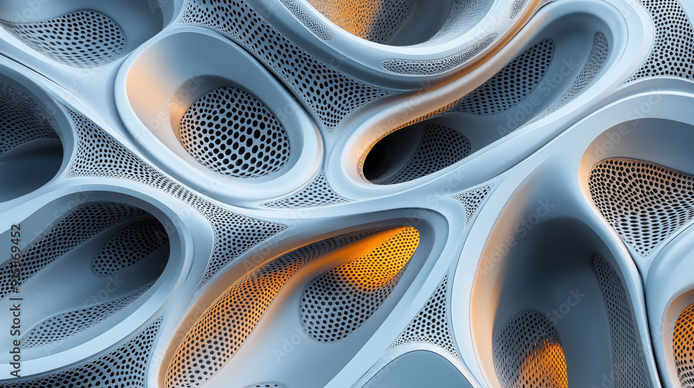 Fototapete abstract 3d rendering of a modern, organic structure with smooth curves and a perforated pattern, il