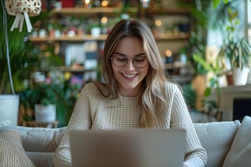 Young woman with eyeglasses laughing while working on a laptop on a sofa.