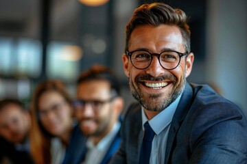 Fototapeta premium Consulting Financial Tax Accountant In Office. Professional Advisor laughing during a meeting with clients, some wearing eyeglasses.